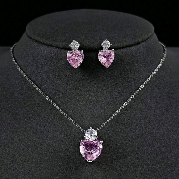 Pink Cubic Zirconia Heart Drop Set Pendant Silver Necklace Earrings - Picture 7 of 7